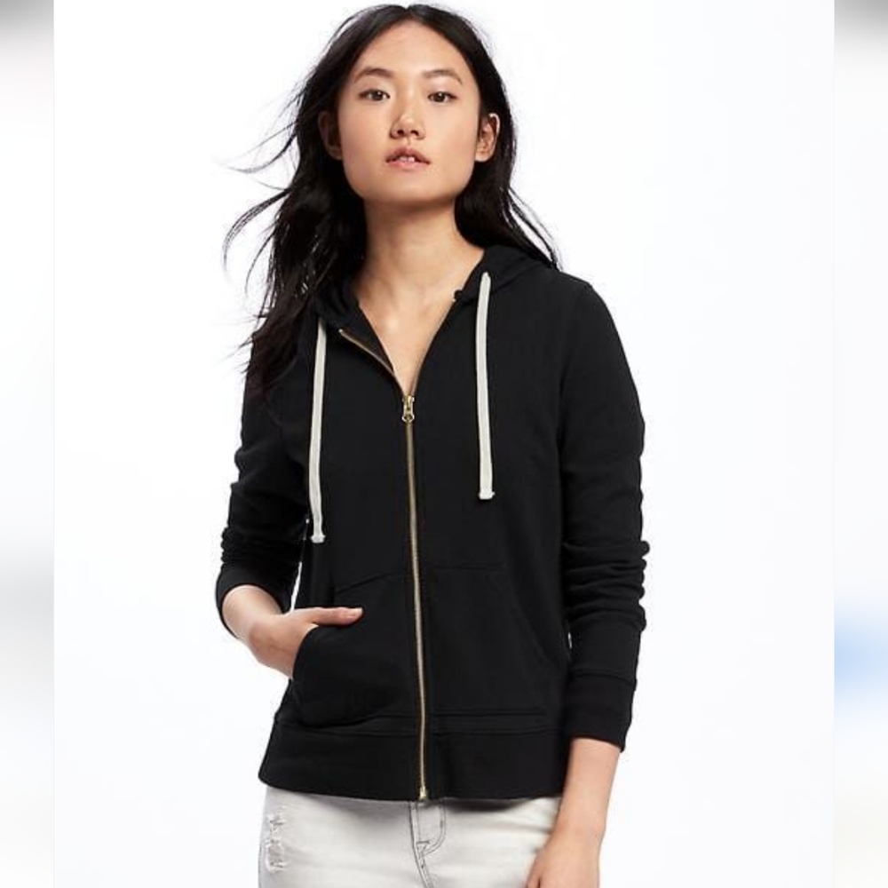 NEW XL Old Navy Black Gold Zip Up Hoodie With White Strings